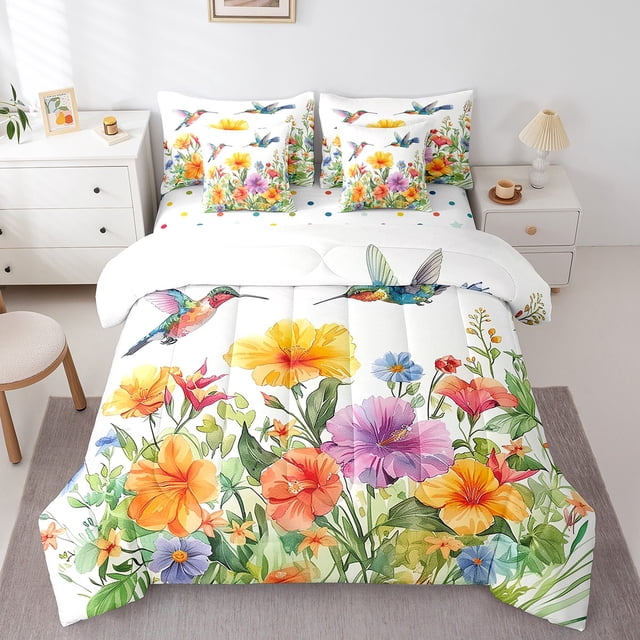 Erosebridal Hummingbird Flower Bedding Sets Twin Size,Spring Graden Comforter Sets with Sheets,Girls Room Decorative,Reversible,Breathable,7-Piece