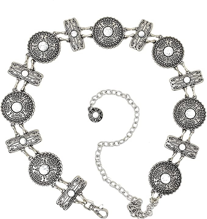 Western Women's Circle Agate Stone Concho Chain Belt in 2 colors