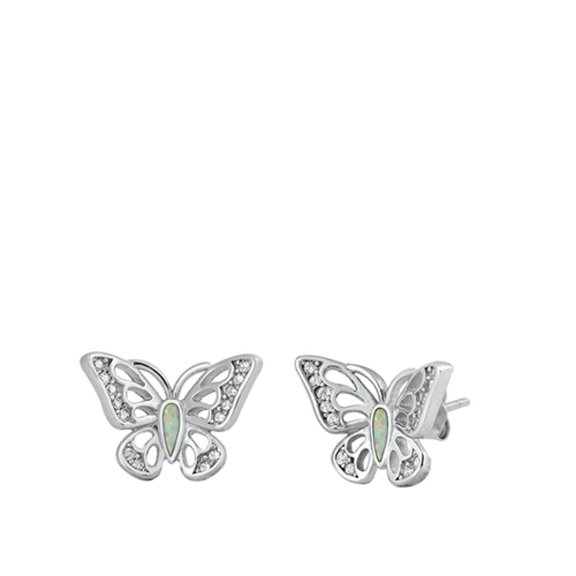 Sterling Silver Clear CZ White Simulated Opal Open Butterfly Stud Earrings 925 New Female