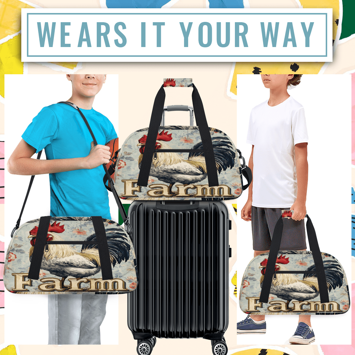 Herdesigns Roosters And Chickens Sports Duffle Bags Travel Duffle Bag Gym Bag Flower Weekender Travel Bag Waterproof Overnight Bag Carry On Travel Tote Bag Dance Bags