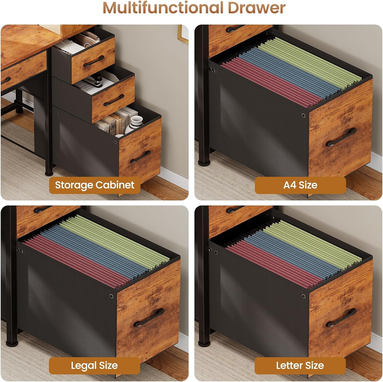 47" Home Office Desk with Bookcase & Storage Bag, Reversible Computer Desk with 5 Drawers and 3-Tier Bookshelves, Gaming Desk with Storage and Led Lights for Small Space, Rustic Brown