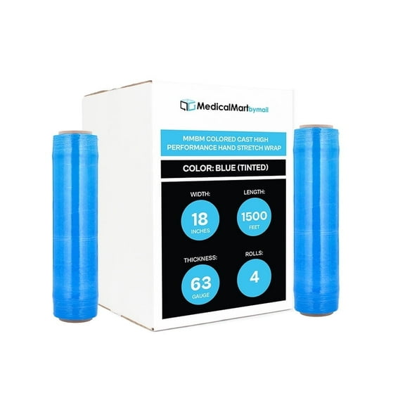 MMBM Blue Tinted Hand Stretch Wrap 18 Inch x 1500 Feet 4 Rolls 63 Gauge Plastic Film for Packing and Wrapping Loads