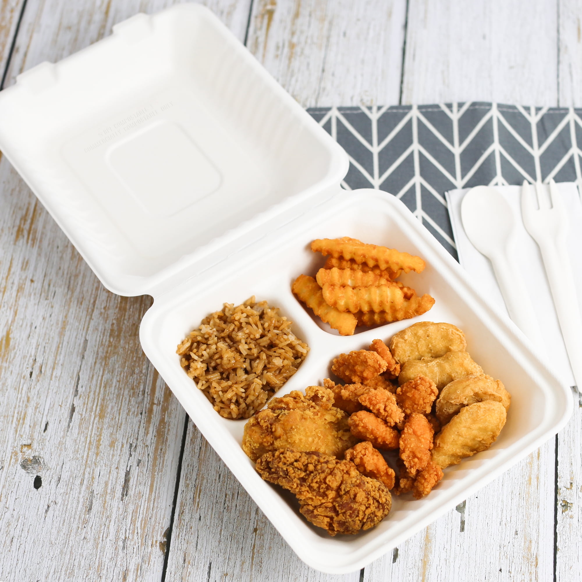Great Value Eco-Friendly 3 Compartment Compostable Hinged Container, White, 12 Count