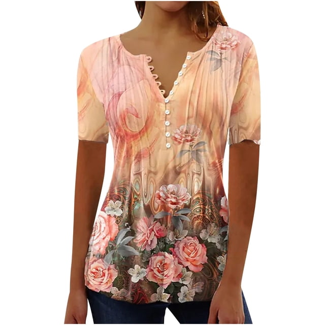 Blusas Umfun de manga corta para mujer, cuello en V, botones, informal, blusa plisada estampada, marrón, talla 5XL