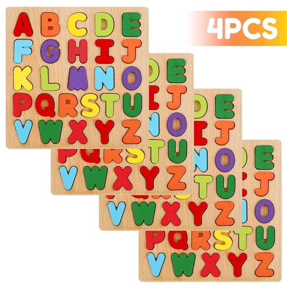Juego de 4 rompecabezas de madera con alfabeto, números y formas de madera en 3D, tablero de rompecabezas de letras y números ABC, rompecabezas educativos de reconocimiento, el mejor regalo para