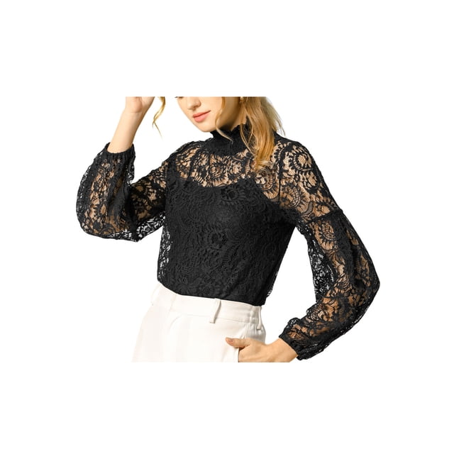 INSPIRAR CHIC Blusa de Encaje Floral de Cuello Alto con Mangas Abullonadas y Transparente 2XL Negra