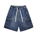 thumbnail image 5 of Hurxie Men's Drawstring Elastic Waist Flap Pocket Straight Cargo Jean Denim Shorts Dark Blue,M, 5 of 7