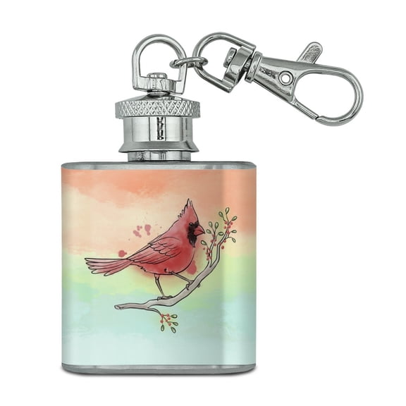 Northern Cardinal Watercolor Northeastern Bird Stainless Steel 1oz Mini Flask Key Chain