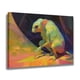 thumbnail image 2 of Una criatura parecida a un ratón adornada en amarillo y verde, se sienta serenamente frente a un fondo vívido de tonos púrpura, naranja y azul. Póster de lienzo para decoración de dormitorio, paisaje, 2 of 8
