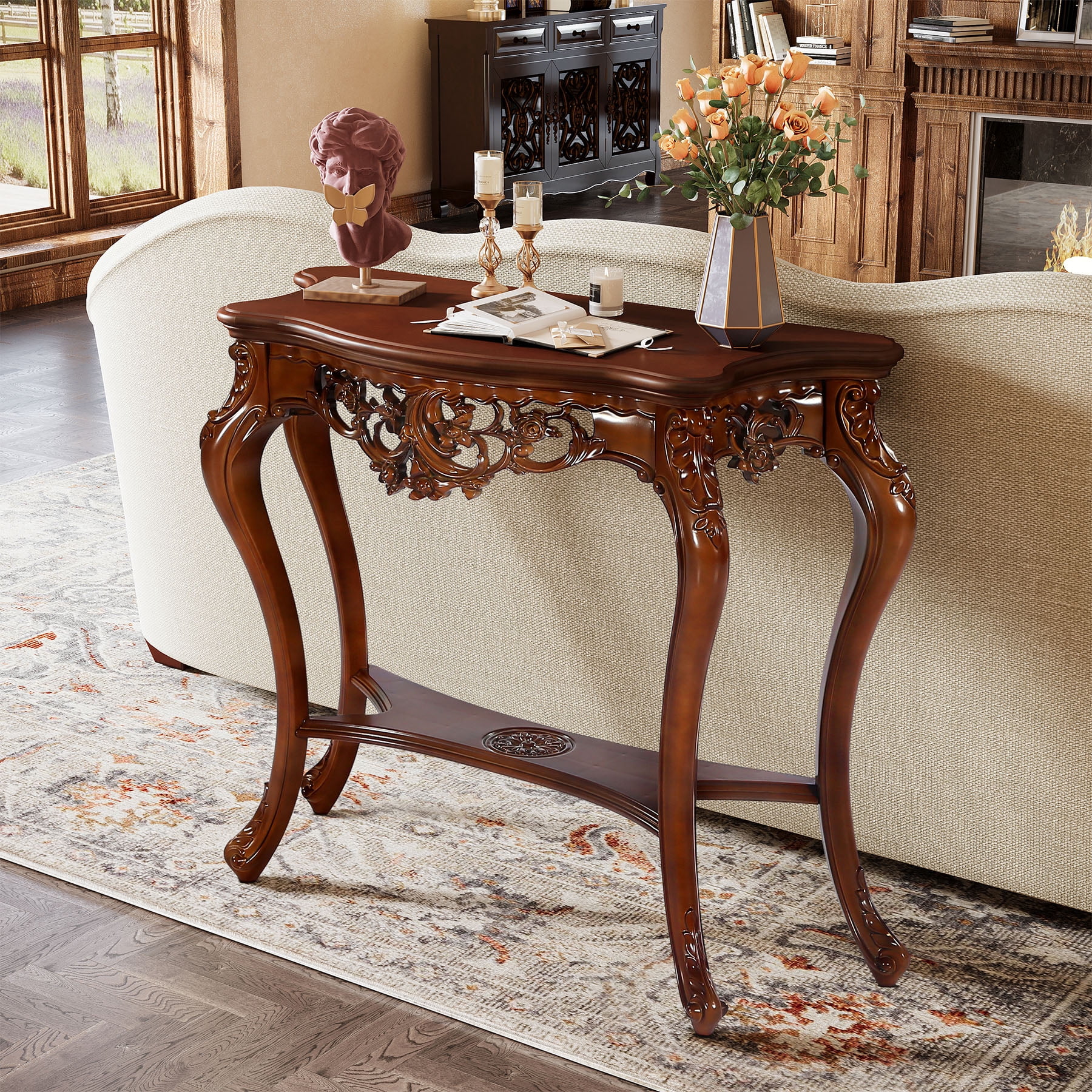 Tribesigns Vintage Carved Console Table , 38 inch Decorative Sofa Entryway Tables with Hollow Floral Apron and Cabriole Legs for Living Room, Hallway
