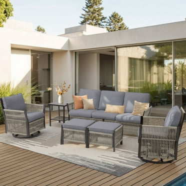 Swpormundo 6 Pieces Patio Furniture Set, Patio Conversation Sets with Wicker Swivel Chairs for Backyard Garden