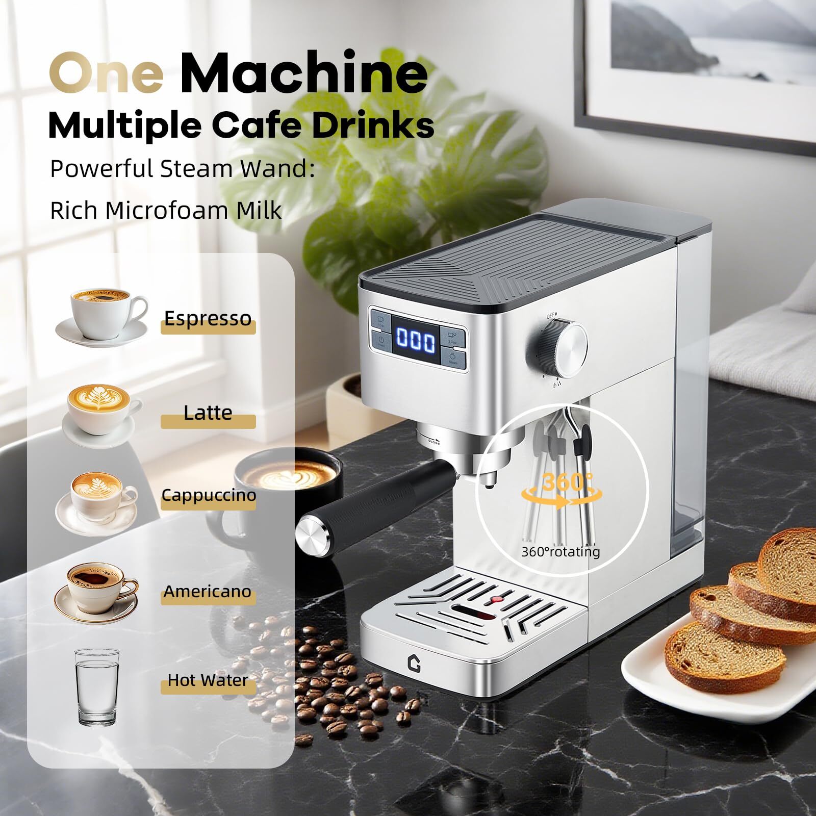 Garvee Espresso Machines for Home, 20 Bar Slim Espresso Maker with Frother Steam Wand and 47oz Removable Tank, Silver
