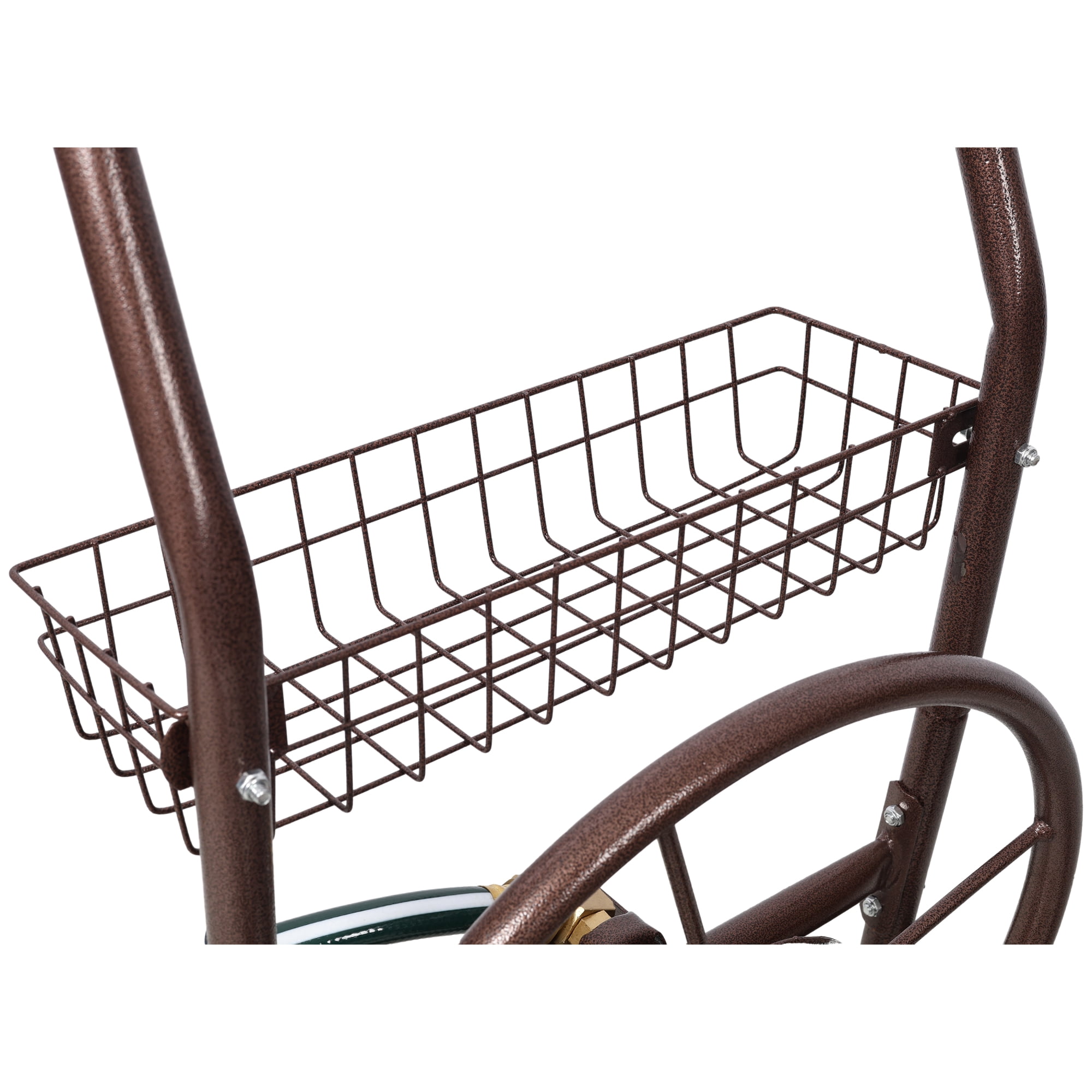 Garden Hose Reel Cart, Heavy-Duty 4-Wheel Hose Cart Holds 250ft 5/8" Hose with Storage Basket, Rust-Resistant Steel Frame for Yard, Lawn