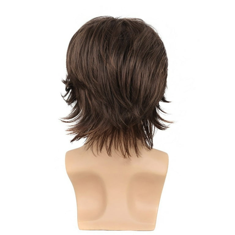 Human Hair Mens Wig Brown Short Layered Natural Wave Synthetic