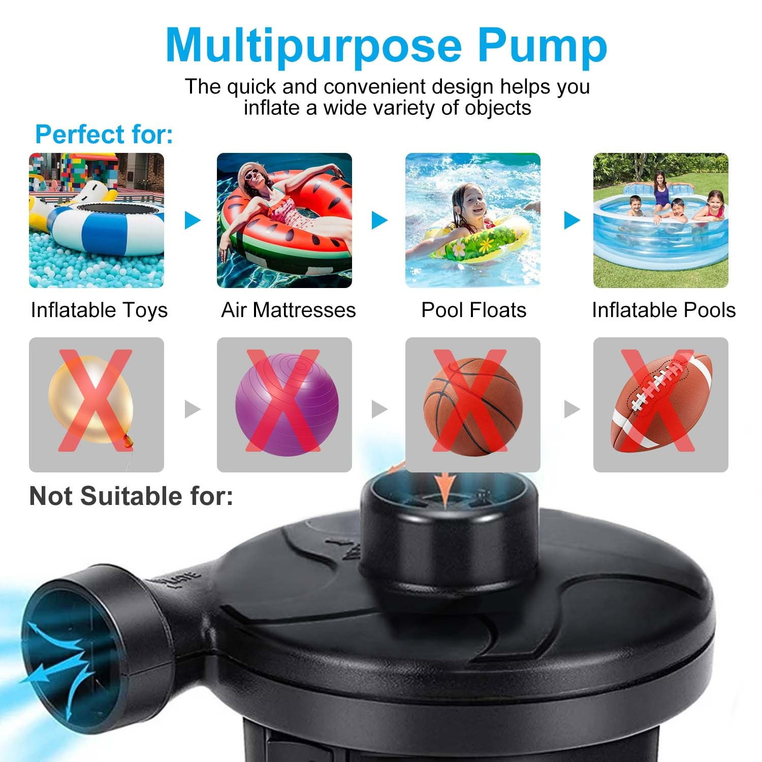 GVDV Electric Air Pump for Inflatables, Portable Air Mattress Pump, Quick Fill Inflatables Mattress Pool Floats Raft Boat