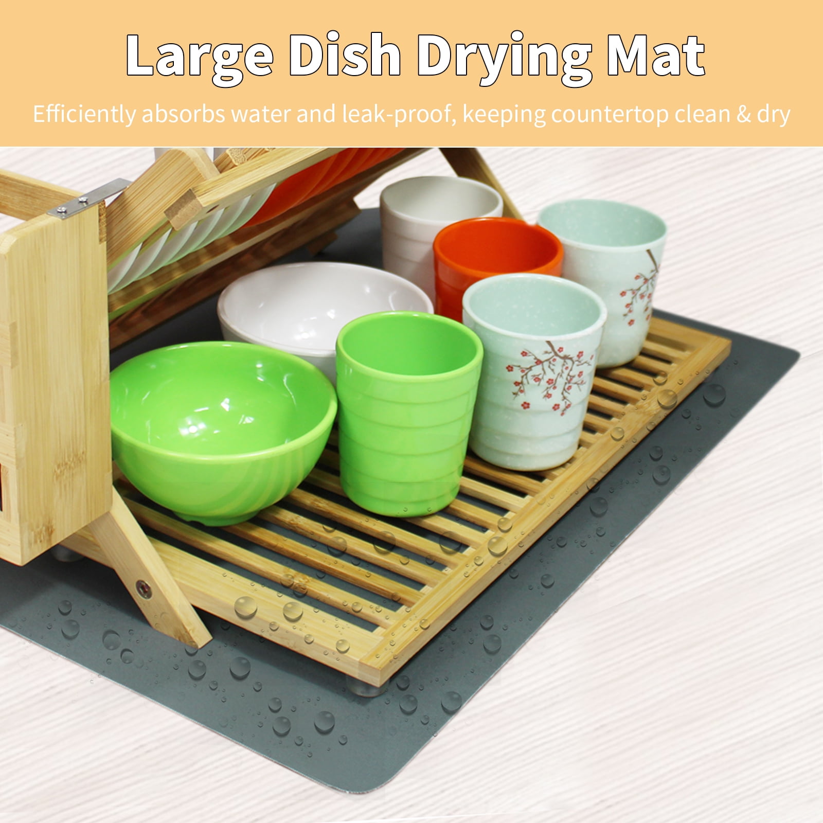 3 Tier Bamboo Dish Drying Rack with Utensil Holder, Collapsible Dish Rack, Large Dish Racks for Kitchen Counter, Wooden Folding Dish Drainer with Dish Drying Mat, with Drying Mat