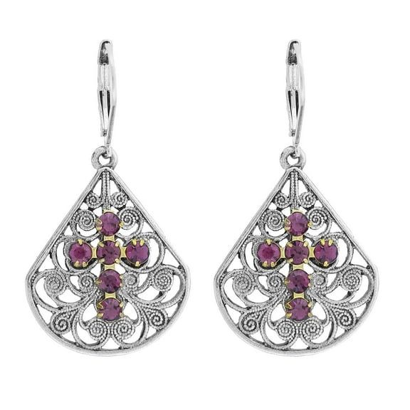 1928 Jewelry Fancy Filigree Fan Amethyst Purple Austrian Crystal Cross Drop Earrings