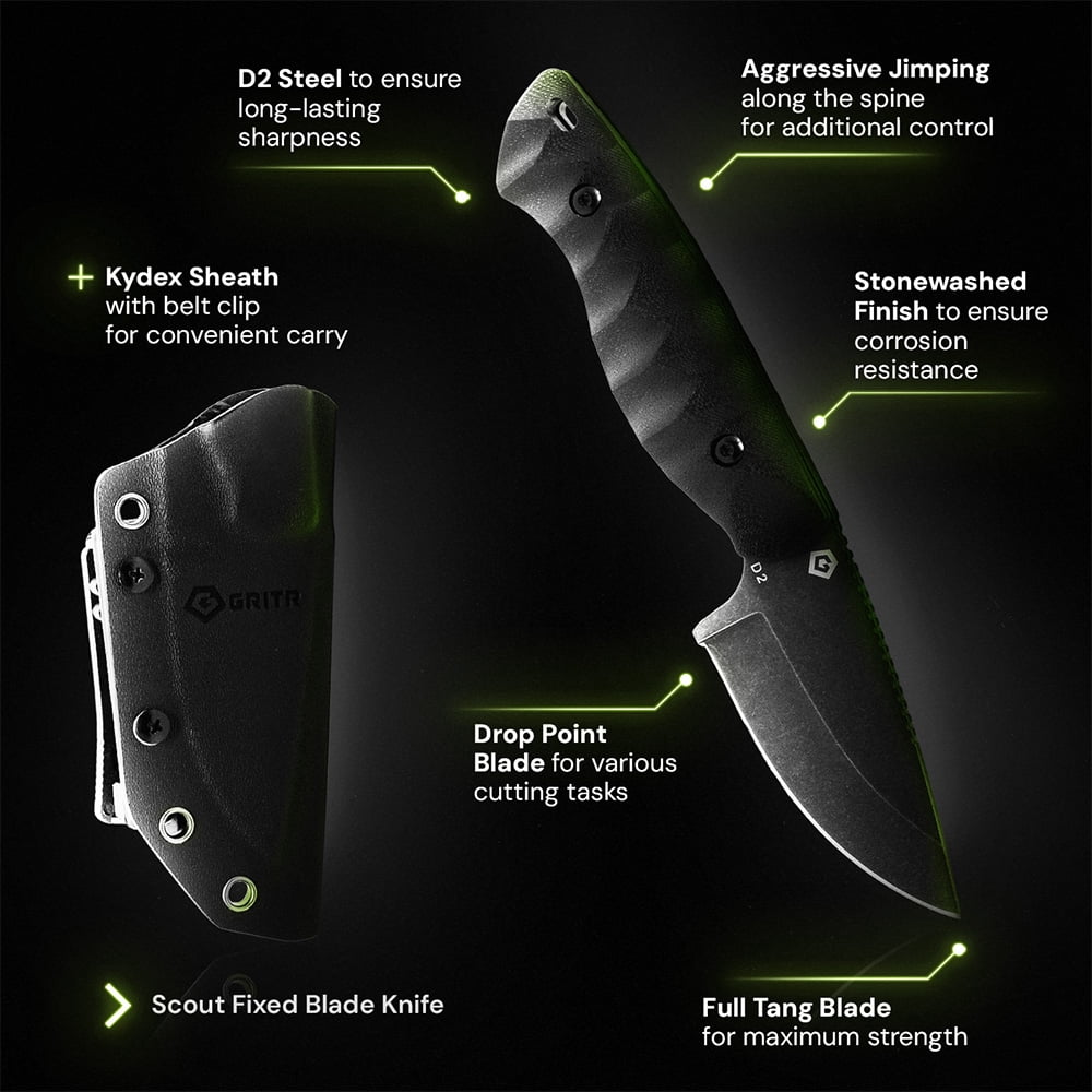 GRITR Scout Hunting EDC Drop Point Fixed Blade Knife w/ Kydex Sheath, BL