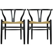 2xhome Set of 2 (Two) Black Wishbone Wood Armchair Armchair Modern Dark Black with Natural Woven Seat Dining Room Chair by 2xhome