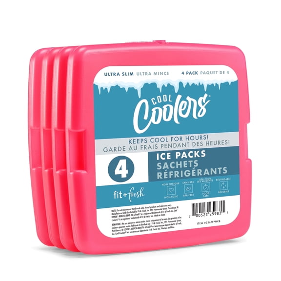 Cool Coolers by Fit Fresh Slim Reusable Ice Packs for Lunch Boxes or Coolers, Pink, 4pk.