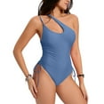 thumbnail image 4 of Bigersell One Shoulder One-Piece Swimsuits Women High Cut Bathing Suits Modest Cutout Side Lace-up Ruched 1 Piece Swimsuit Surfing Monokini Swimwear Blue M, 4 of 5
