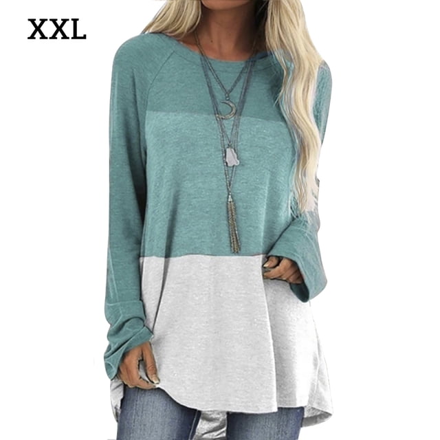 Camiseta de mujer de manga larga, cuello redondo, color en contraste, top de algodón, azul cielo, XXL seitruly AP000711-19