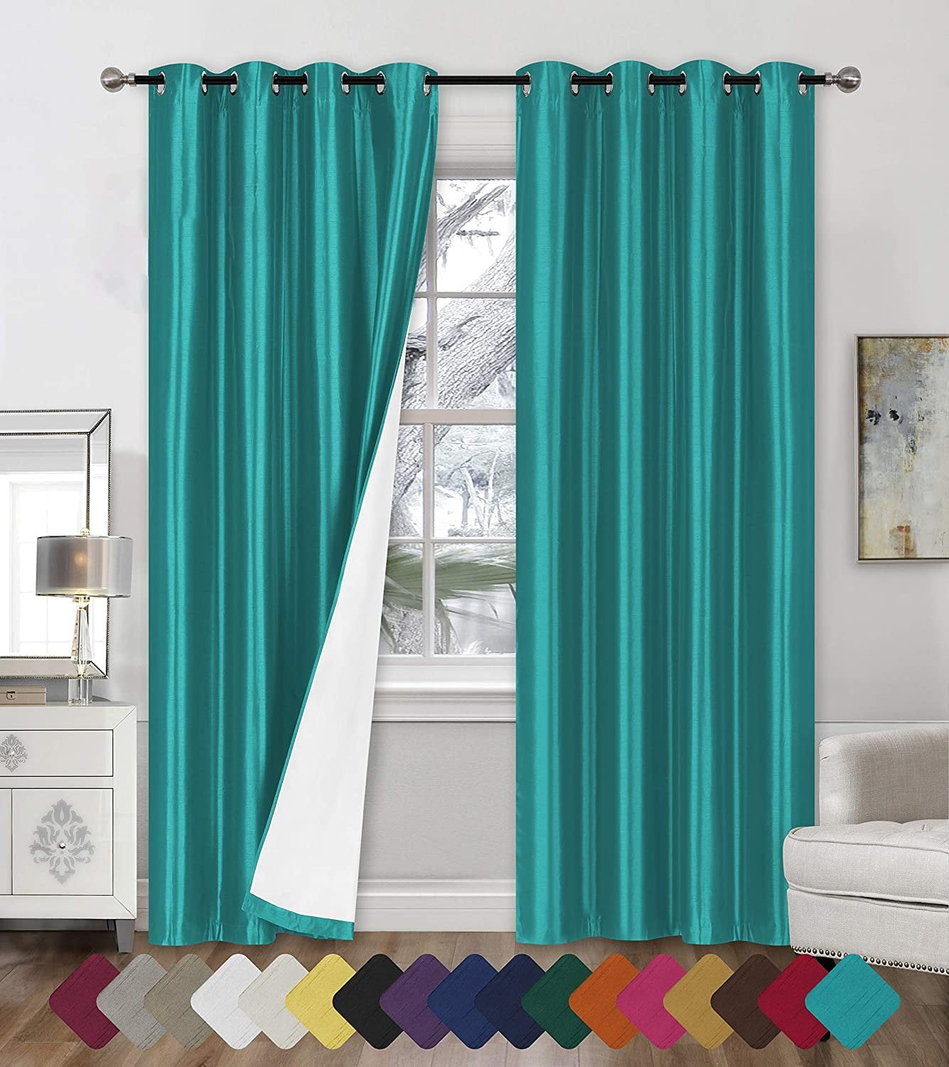 Faux Silk Blackout Curtains 2Panel Sets of 54x108 Room Darkening Black Out Curtains for