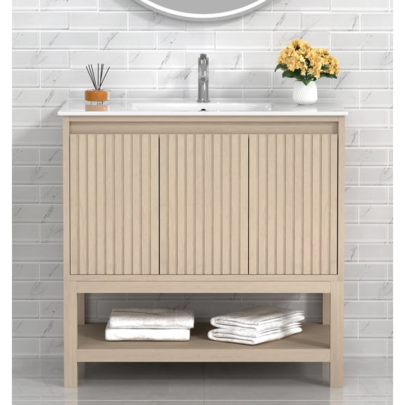 Mena 36" Single Bathroom Vanity, 36W x 18D x 34.5H, Porcelain Top & Sink, Coastal oak, MDF, Paper Laminate, Pre-Assembled, Soft-Close Doors, Grooved handles, Adjustable Feet.