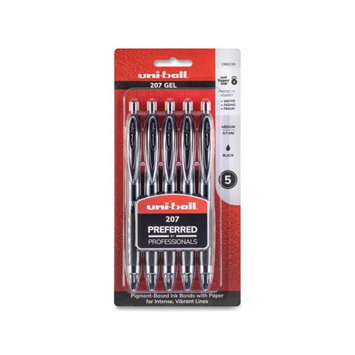 Signo 207 Gel Pen Retractable, Medium 0.7 mm, Black Ink, Translucent Black Barrel, 5/Pack