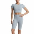 thumbnail image 2 of Yoga Sets for Women Skinny Short Sleeve Crop Tops with Capri Leggings Ribbed Leggings Yoga Pants 2PC Gym Workout Sets Tights Gray,L, 2 of 5