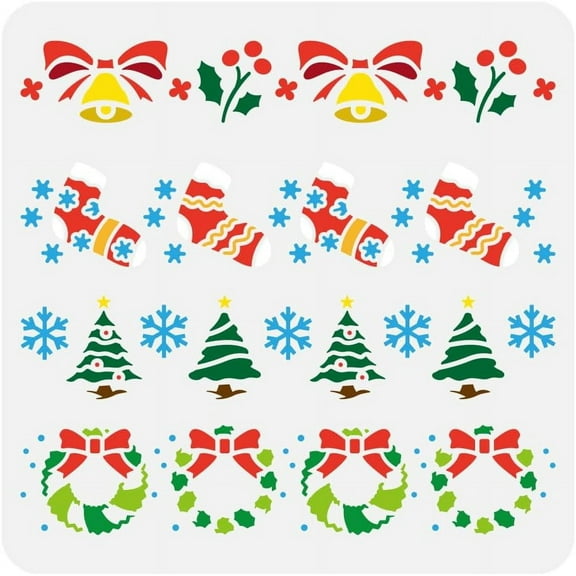 Christmas Drawing Stencil 11.8x11.8inch 4 Styles Christmas Border Painting Template Bells Stockings Christmas Tree Wreath Snowflakes Decor Stencil for Painting on Wood Wall Furniture Medium Blue