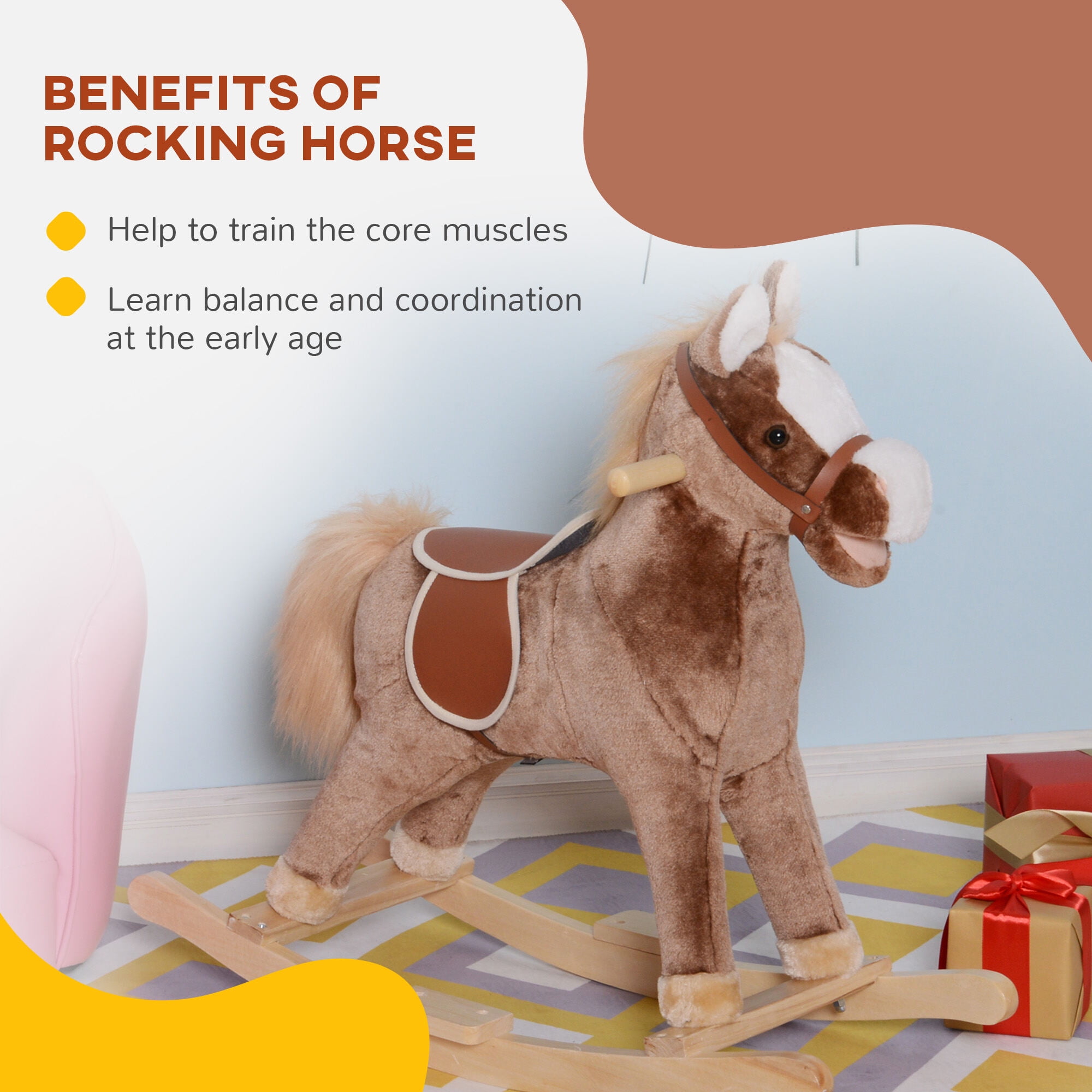 Childrens Bike, Qaba Kids Rocking Horse, Plush Toddler Rocker, Wooden Base Ride-On Toy with Handle Grip, Traditional Toy for Kids 36M+, Brown, Brown Kids Bike,Plush Girls Bike