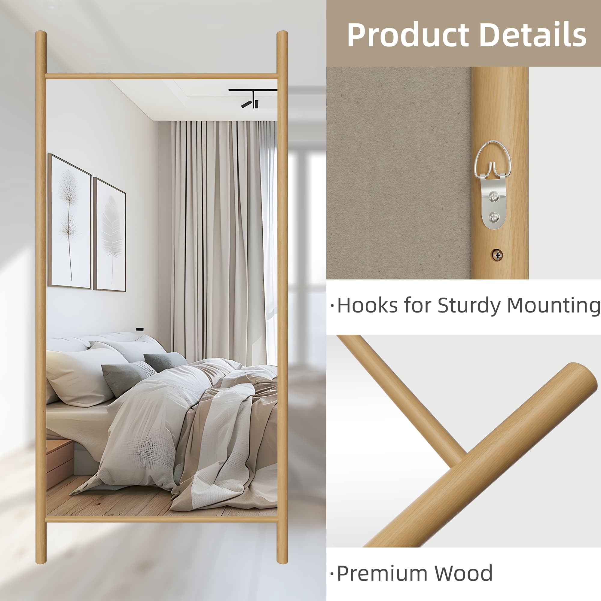 73"x35" Wood Full Length Mirror Ladder Rectangle Floor Mirror, Natural