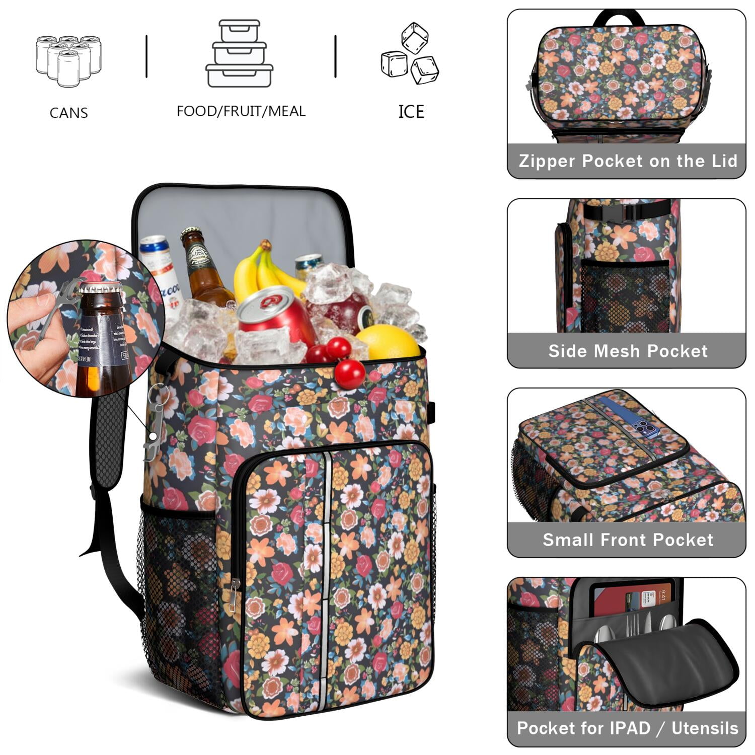 Travel Cooler Bag - Pioneer Flower Floral Print Pattern Camping Beer Cooler Backpack with Bottle Opener- Waterproof Insulated Picnic Backpacks - Cooler Bag for Beach