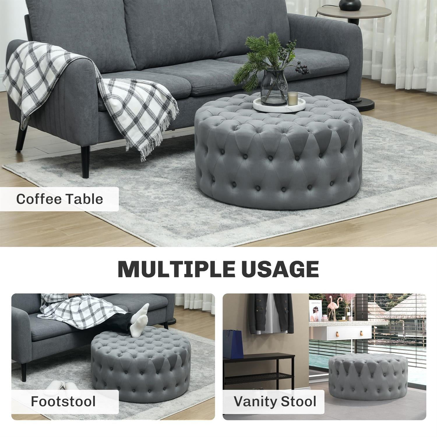 Demi Bonn 31" Coffee Table Ottoman with Velvet Upholstery, Button Tufted Design & Padded Seat for Living Room, Durable Wood Construction, Dark Gray