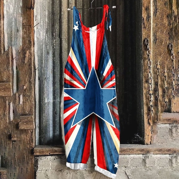 DDAPJ pyju Womens 4th of July Jumpsuits American Flag Print Sleeveless Wide Leg Overalls Plus Size Linen Rompers with Pockets Blue#2 M