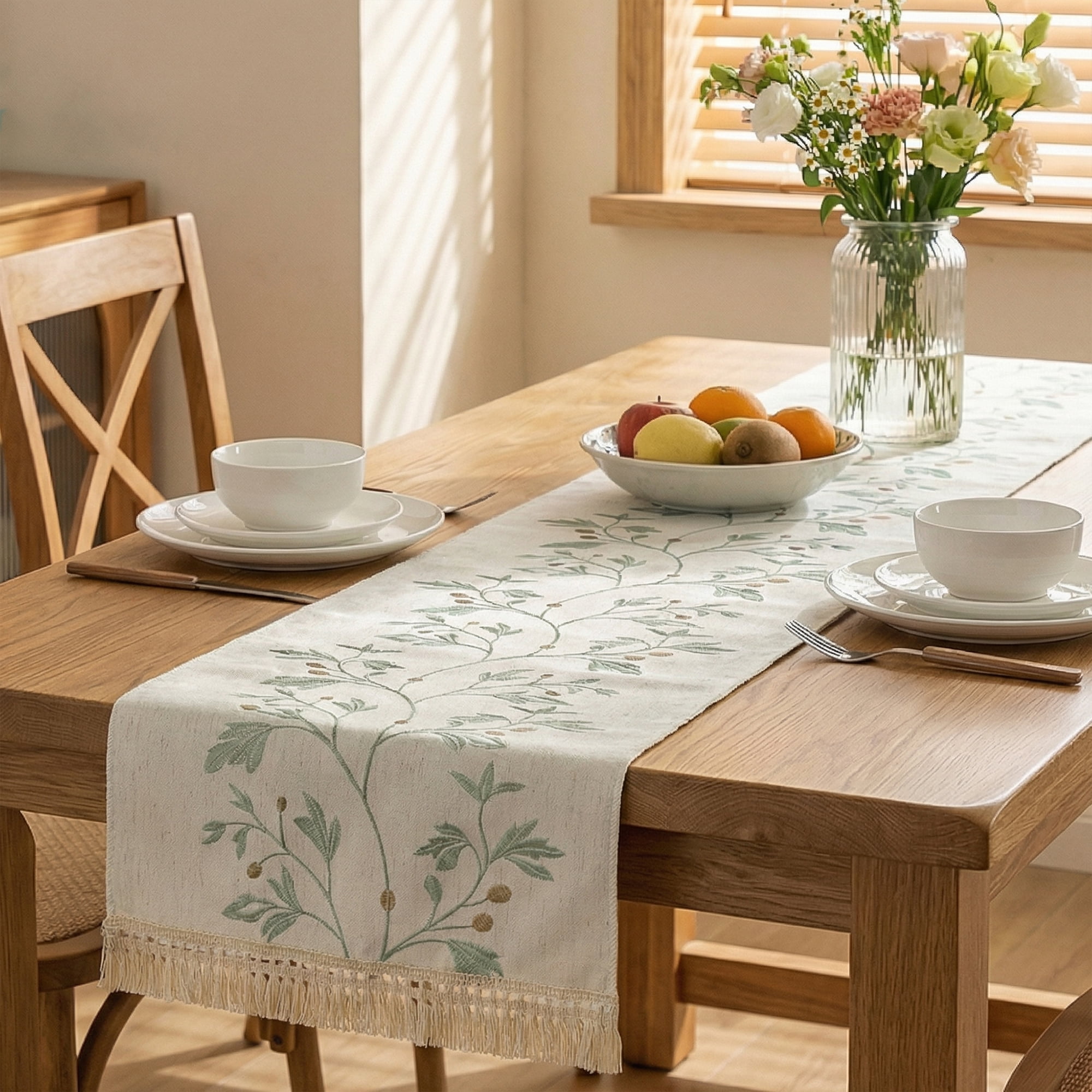 Unique Bargains Long Washable Floral Table Runner for Dining Decor Green 15.4"x82.7"