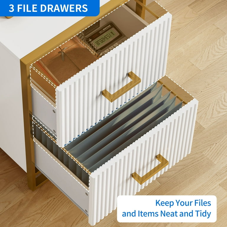Dextrus 2 Drawer File Cabinet with Metal Legs Wood Lateral Filing Cabinet Printer Stand Fits A4 Letter Legal Size Files for Home Office White