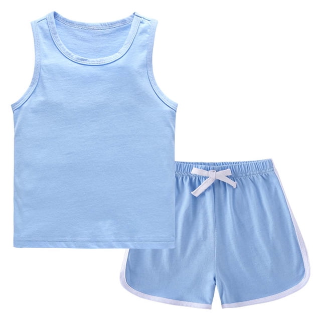 Tank Top Y Shorts Conjunto Niñas Moda Casual Color Sólido Algodón sin Mangas Cuello Redondo Top Y Cintura Elástica Shorts Conjunto de Dos Piezas Tank Tops Largos
