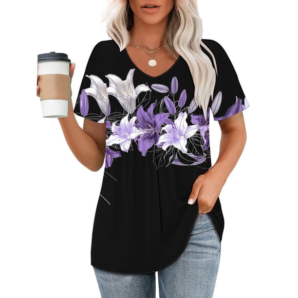 T-Shirt Léger pour Femmes à Manches Courtes et Col en V Imprimé, Coupe Ample, Haut Décontracté Confortable pour Usage Quotidien, Blouse d'Été Essentielle