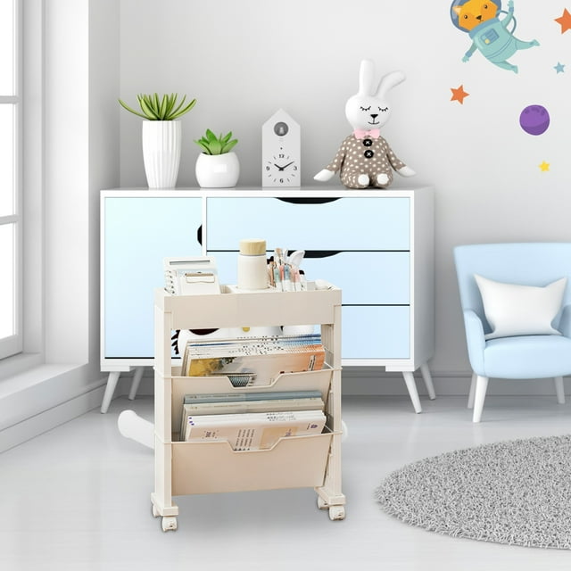 Bookshelf for Classroom 3-Layer Rolling Utility Car,Mobile Bookshelf,Multifunctional Mobile Bookshelf with Lockable Casters,Suitable for Learning,Office,Kitchen,Classroom