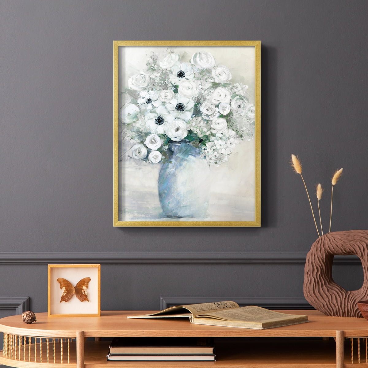 White Anemone Bouquet Framed Print in Gold Solid Wood 8 x 10 Framed Print