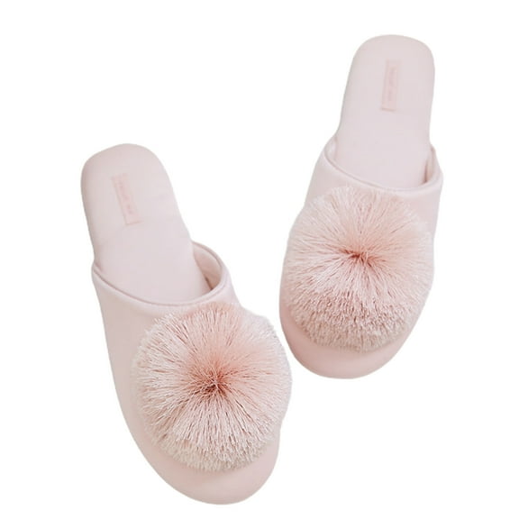 huanledash Women Winter Indoor Soft Flat Plush Non-slip Closed Toe Tassel Slipper Shoes