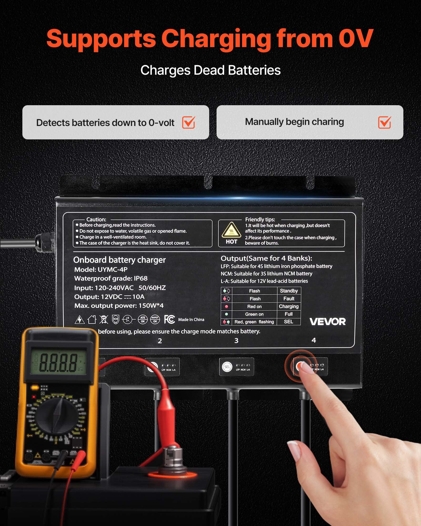 VEVOR Marine Battery Charger, 4-Bank, 10A 12V Onboard Boat Charger, IP68 Waterproof Smart On-Board Battery Charger, for Lithium-Ion (LiFePO4), NCM, Lead-Acid Batteries, Large Boat,Yacht,RV,Trailer