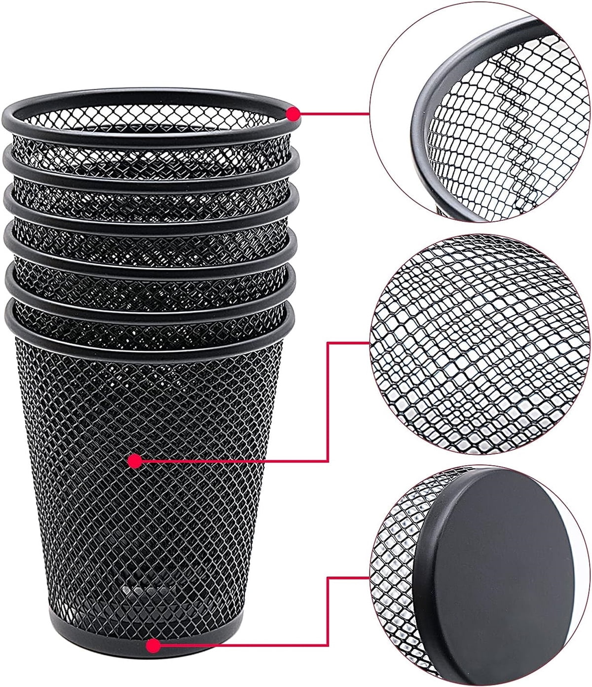 Metal Pen Holder,Happon 6 Pack Mesh Pencil Holder Desk Organized, Makeup Brush Holders, Round Wire Pen Cup Marker Holder for Desk Organizer for Home Office, Black