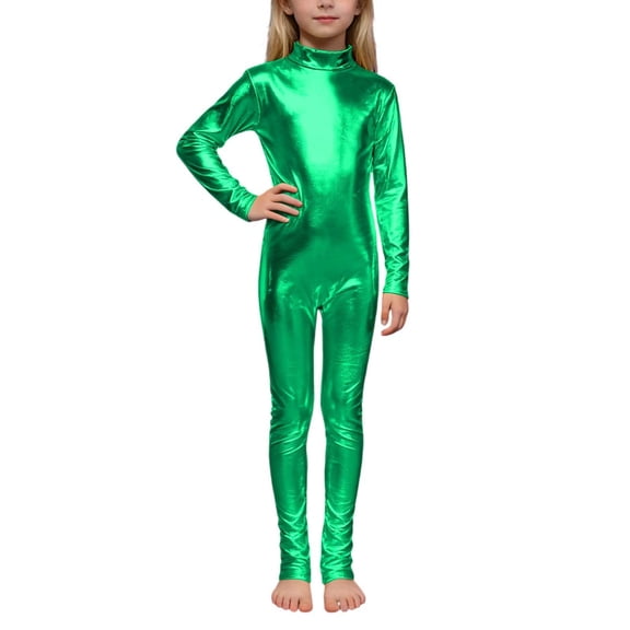 Girls Metallic Romper High Neck Long Sleeve Back Zip Shiny Catsuit Dance Stage Show Jumpsuit 1-12 Years