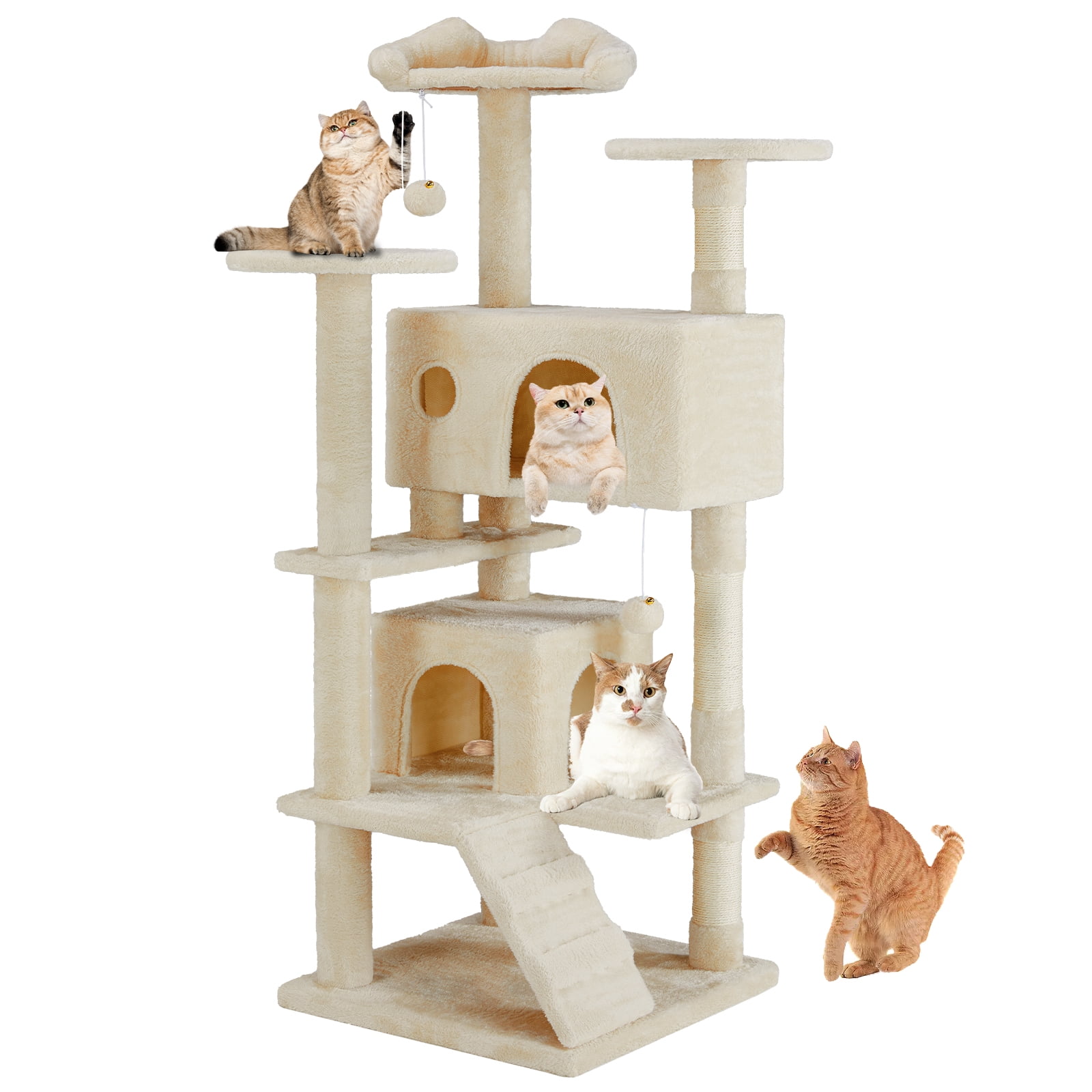 Cat Tree, 54-Inch Cat Tower with Sisal Scratching Post, Multi-Level Plush Cat Tree with Climbing Ladder, Beige