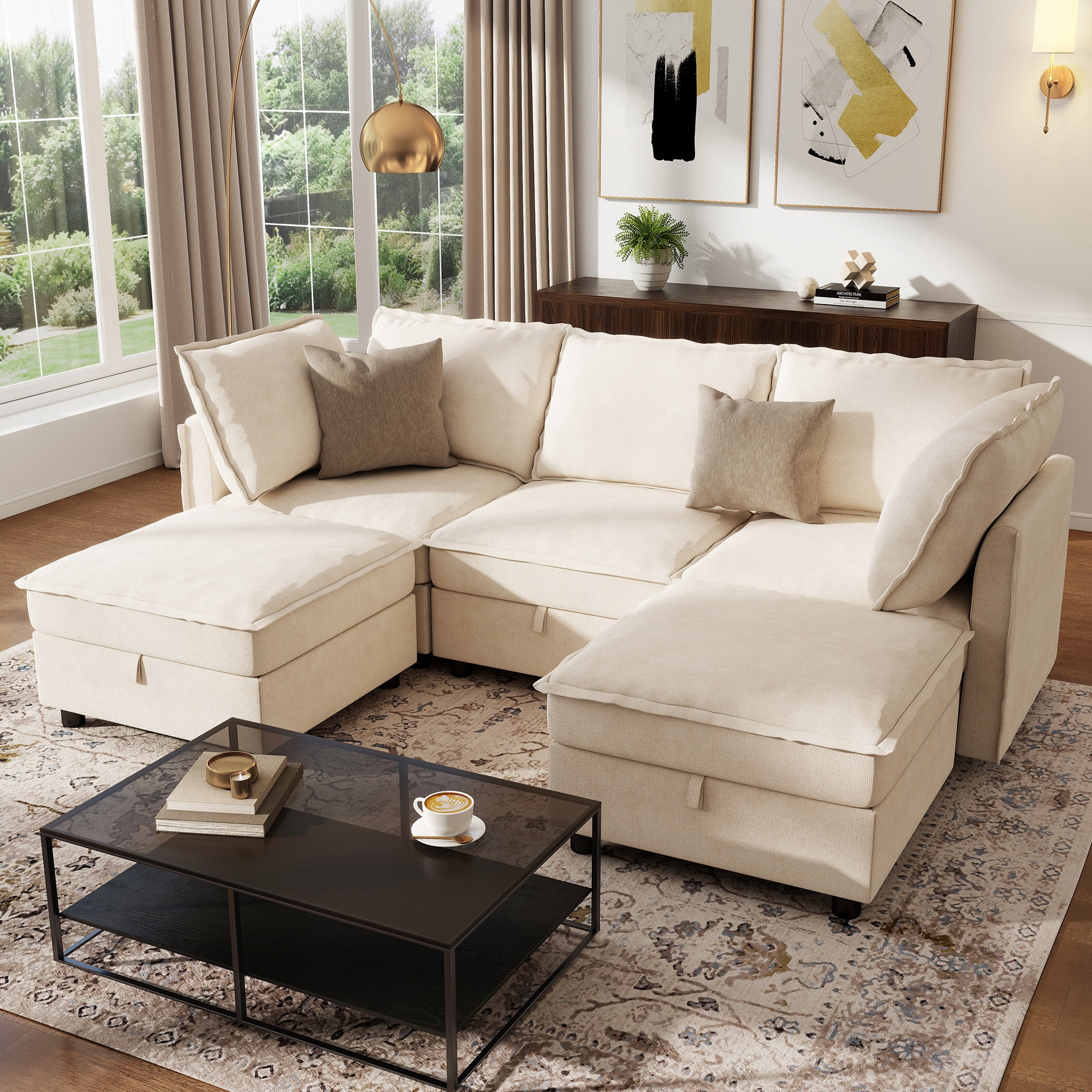 BedLuxury 97" Modular Sectional Sofa with Storage, U-Shaped Modern Sofa Couch with Movable Ottomans for Living Room, Office, Beige