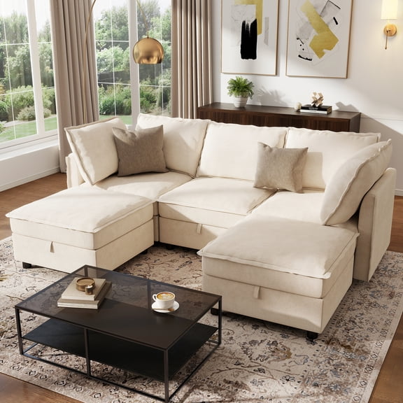 BedLuxury 97" Modular Sectional Sofa with Storage, U-Shaped Modern Sofa Couch with Movable Ottomans for Living Room, Office, Beige