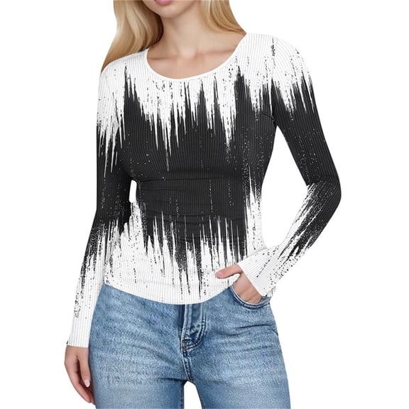 Women's Long Sleeve Tops Casual Round Neck Printed Graphic Tunic Slim Fit Striped Knitted Shirt Tops (XL, Black)